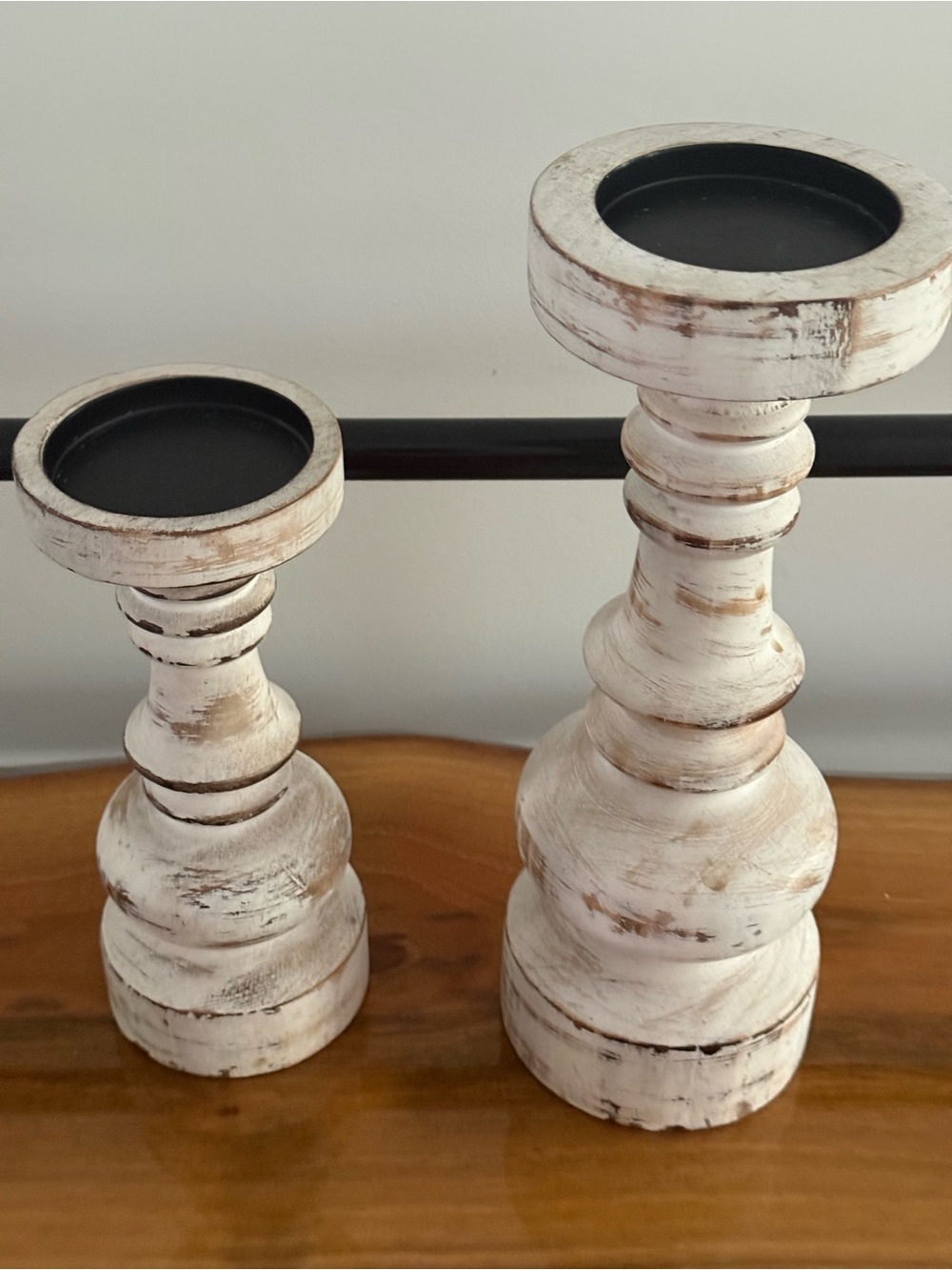 White Distressed Wooden Candle Holder Pair by